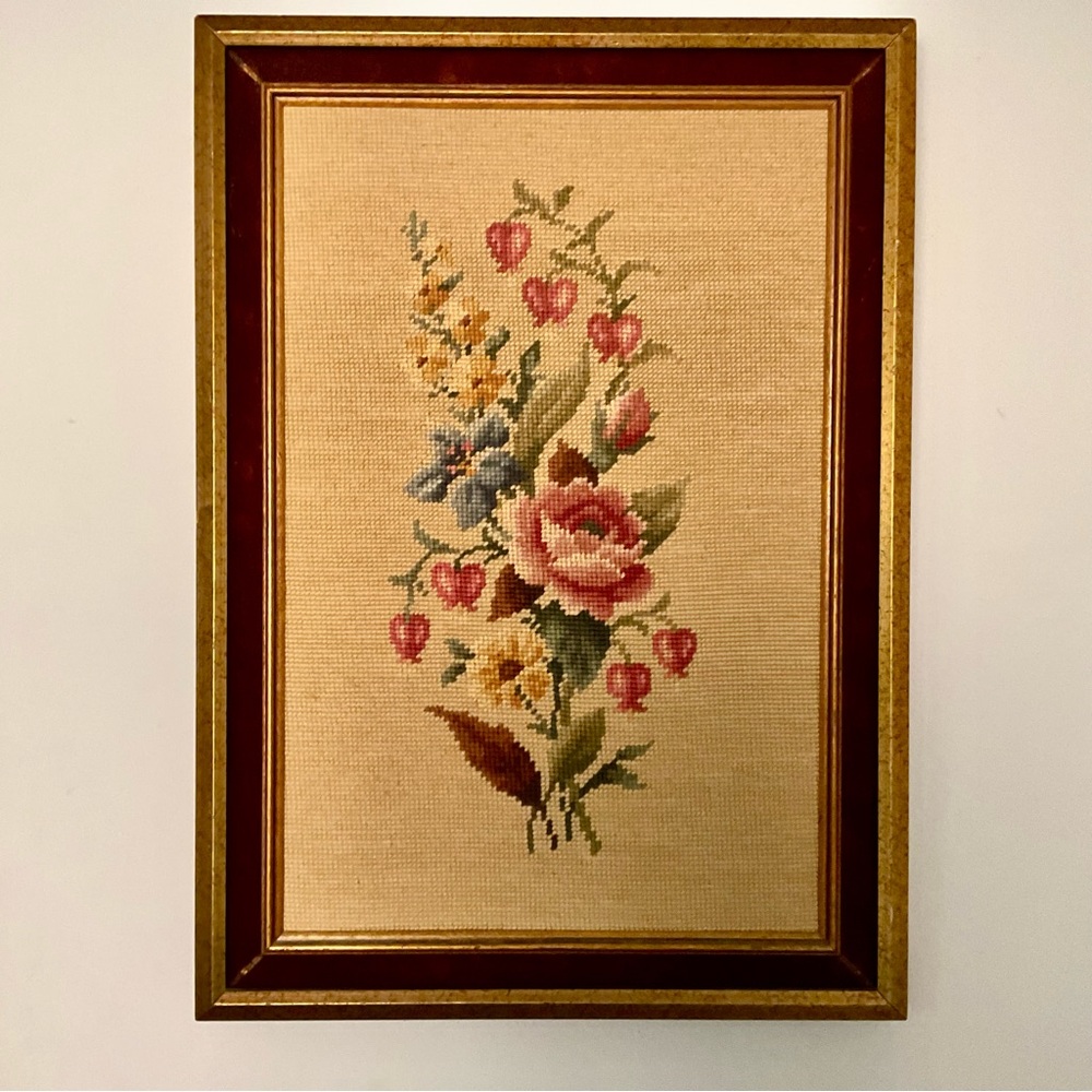 Floral Needlepoint Wall Art Bouquet Framed Vintage MidCentury Pink Hearts